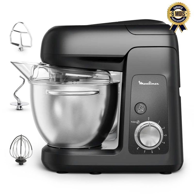 Robot pâtissier Moulinex Bake Partner; noir avec bol inox de 4,6 L, 1100w, Kit pâtisserie inclus, 8 vitesses + Pulse, Garantie 06 mois