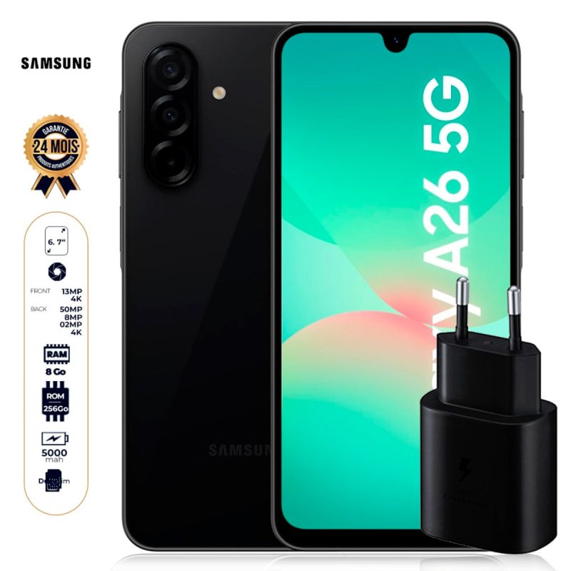 Samsung Galaxy A26 5G - 256 Go - 8Go RAM + chargeur original Samsung Type-C 25W 