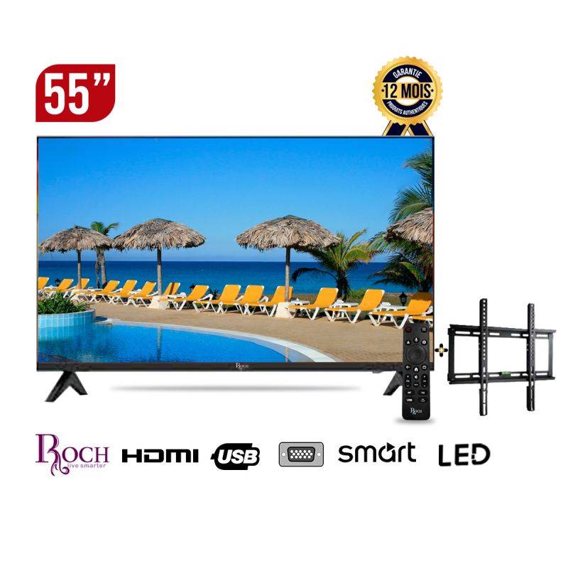 Smart TV -  ROCH  - RH-LE55DSA- B - 55 pouces - Full HD -  DVB T2, S2 - Android Support Mural integre Noir - 12 mois  | Glotelho  Cameroun