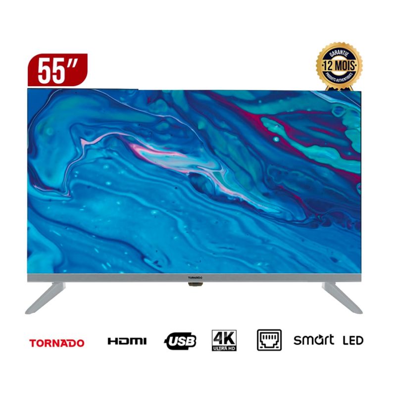 SMART TV TORNADO 55 pouces, 4K UHD, sans bords, garantie 6 mois au prix Cameroun.