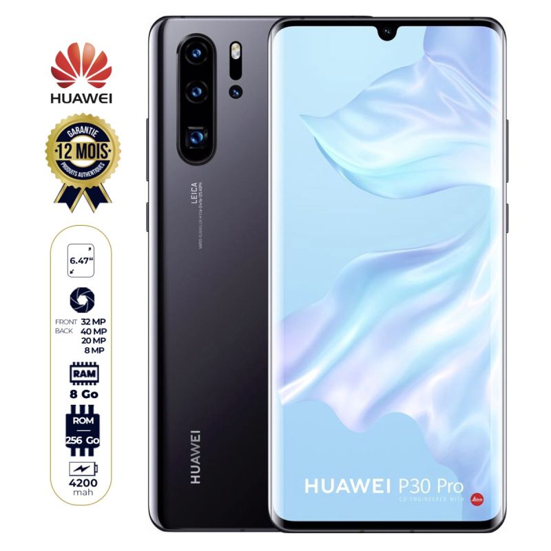 Smartphone Huawei P30 Pro - 6.47" - dual-sim - 512Go/8Go RAM - 40MP/32MP - 4200mAh - Noir - 12 mois garantie | Glotelho Cameroun