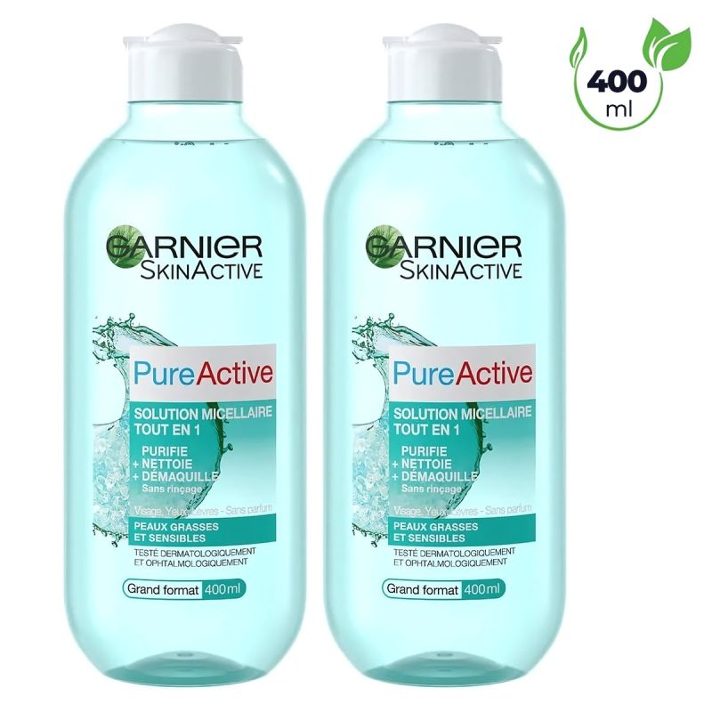 GARNIER - Solution micellaire Tout-en-1 Pure Active - Purifie, nettoie et démaquille - Peaux mixtes à grasses et sensibles - 400 ml 