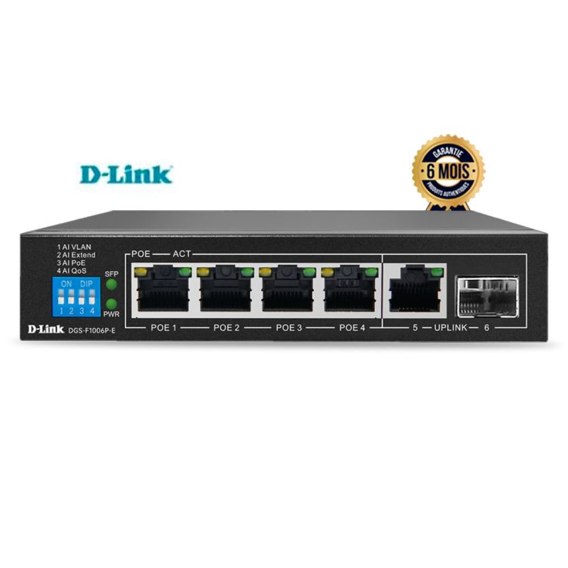 Switch 06 ports PoE 4GE + 1GE et 1 SFP Uplink 250 m - D-LINK DGS-F1006P-E - 6 Mois | Glotelho Cameroun