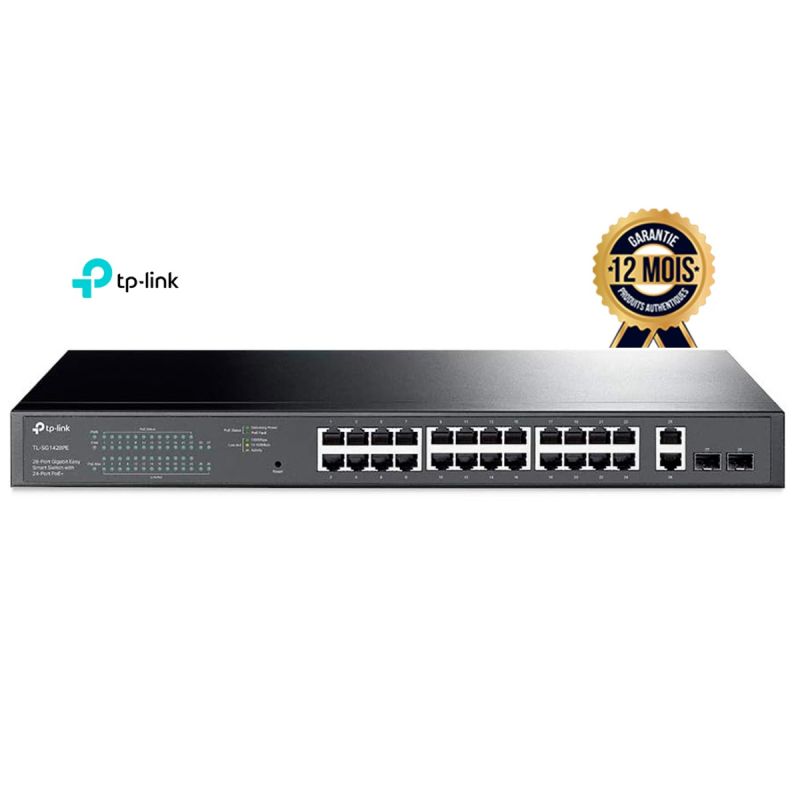 Switch PoE+ TP-Link JetStream TL-SG1428PE – 24 Ports Gigabit + 2 RJ45 + 2 SFP – Budget 250W – Easy Smart, Rackable – Garantie 12 mois