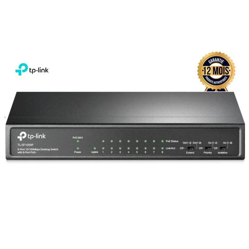 Switch PoE+ TP-Link TL-SF1009P – 9 Ports Fast Ethernet (8 PoE+) – Budget 65W – Portée 250m – Plug & Play non manageable – Garantie 12 mois