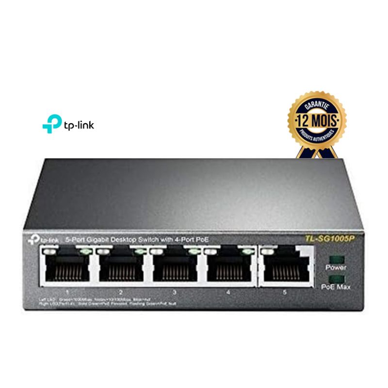 Switch PoE+ TP-Link TL-SG1005P – 5 Ports Gigabit (4 PoE+) + 1 RJ45 – Budget 65W – Non manageable Plug & Play – Garantie 12 mois