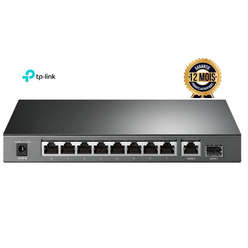 Switch PoE+ TP-Link TL-SG1210P – 10 Ports Gigabit (8 PoE+) + 1 RJ45 + 1 SFP – Budget 63W – Non manageable Plug & Play – Garantie 12 mois