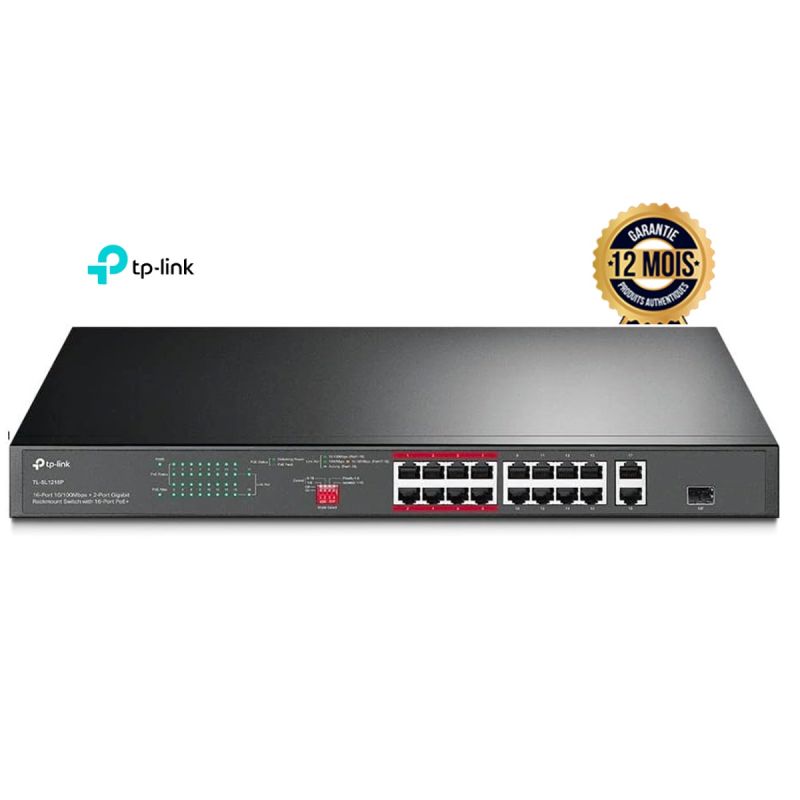 Switch PoE+ TP-Link TL-SL1218P – 18 Ports Fast Ethernet (16 PoE+) + 2 Gigabit Uplink + 1 Combo SFP – Budget 150W – Non manageable Plug & Play – Garantie 12 mois