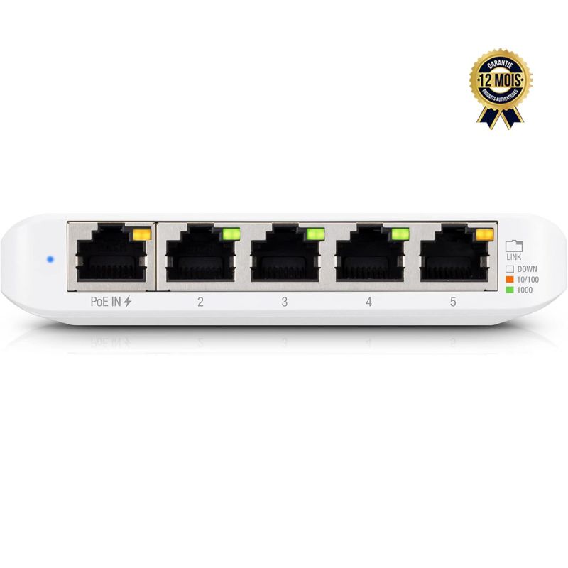 Switch Ubiquiti USW-Flex – Couche 2 Gérable – 5 Ports Gigabit (4 PoE+ + 1 PoE++) – Intérieur/Extérieur – Budget PoE 46W – Garantie 12 mois
