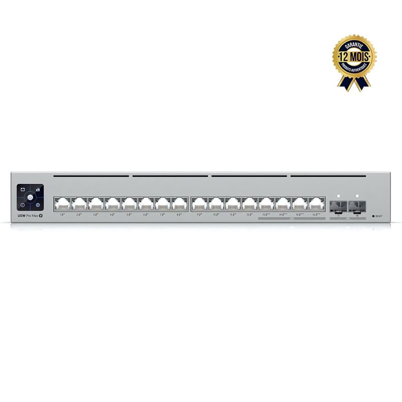 Switch Ubiquiti USW-Pro-Max-16-PoE – Manageable Layer 3 – 16 Ports (12x GbE PoE+ + 4x 2.5GbE PoE++) – 2 SFP+ 10G – Etherlighting – Budget PoE 180W – Garantie 12 mois
