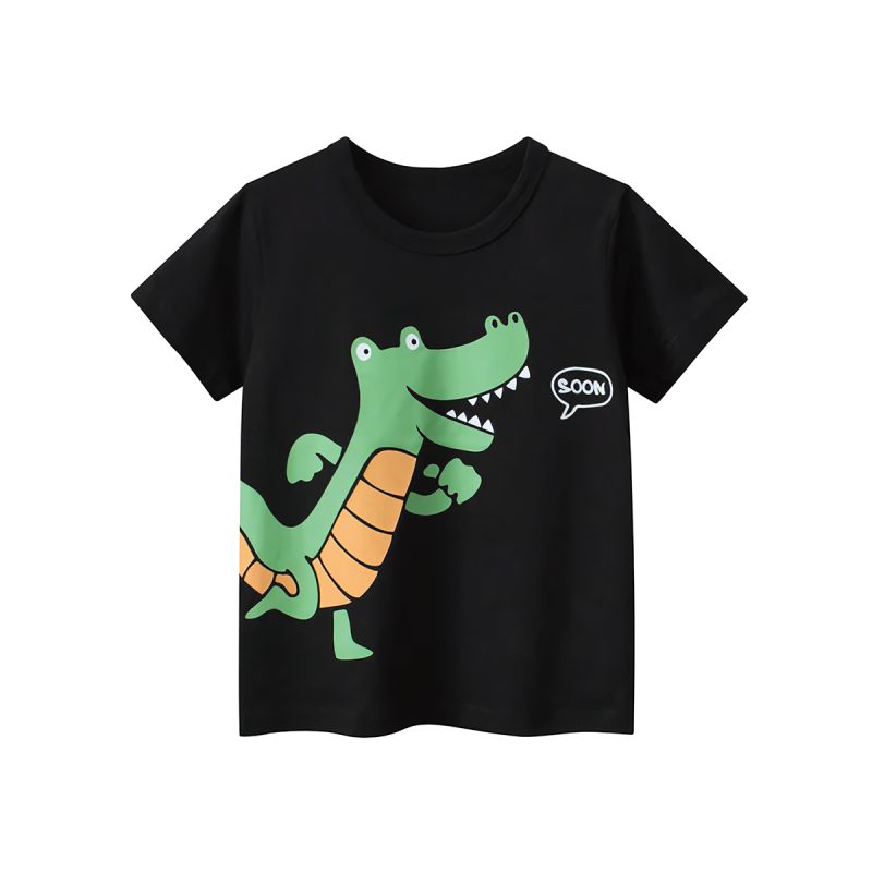 T-shirt Garçon à Manches courtes -100% coton - Imprimé Dinosaure -130 cm (6-7 ans) - Noir/Blanc