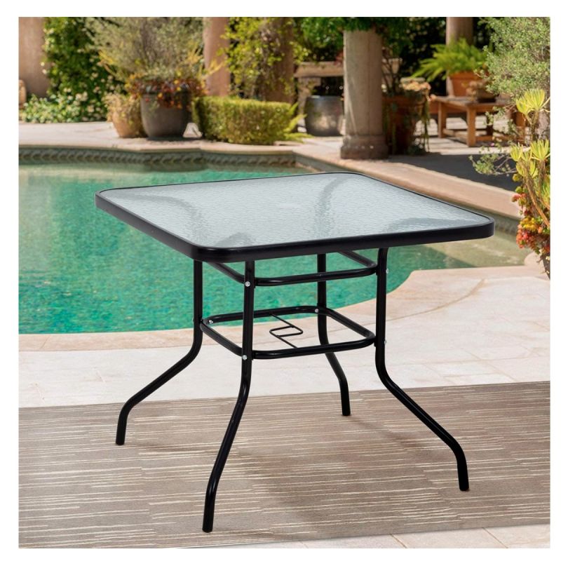 Table Basse de Patio Carrée - HB263052 - Plateau en Verre Trempé, Structure en métal Noir, Trou au Centre pour Parasol