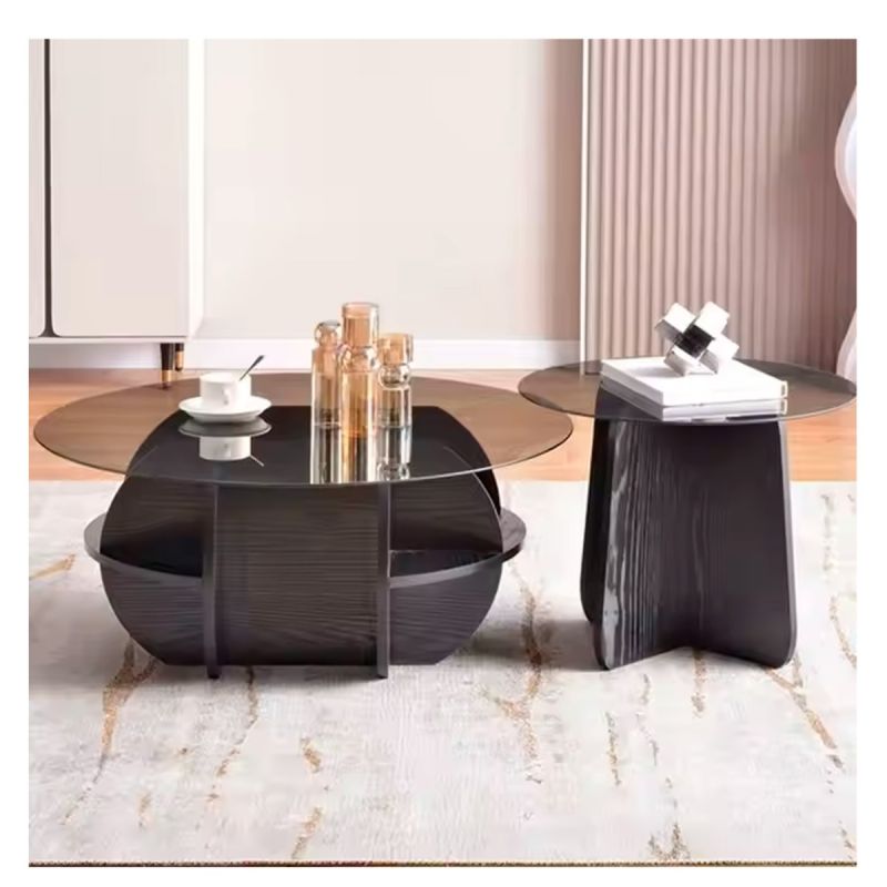 Table basse ronde en bois naturel avec plateau en verre trempé Noir et blanc - prix Cameroun