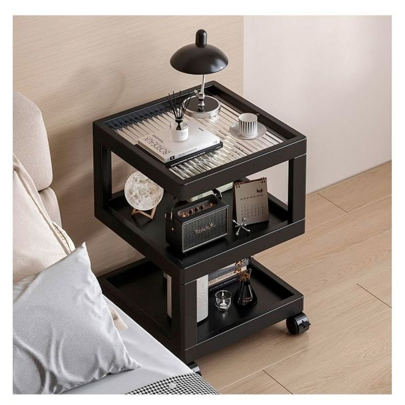 Table d'appoint - Chevet et Salon - Plateaux Bois et Verre Trempé - Noir - 40 x 40 x 58 cm