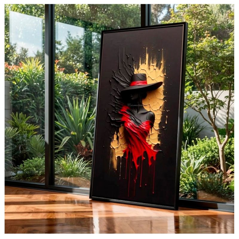 Tableau Décoratif mural - Femme au chapeau - Toile Effet 3D avec Cadre en Bois, toile multicolore