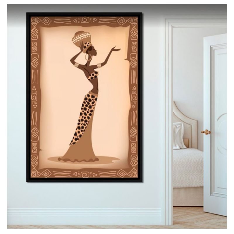 Tableau Décoratif - POFAL - Femme Africaine Traditionnelle en Robe leopard - Toile Ultra HD - Cadre Bois 3 cm - Anti-UV