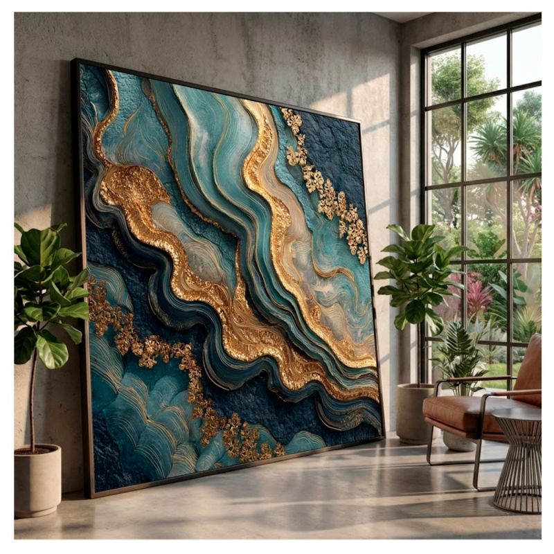 Tableau Décoratif Abstrait Effet 3D – Toile Imprimée Motif Marbre Bleu Nuit et Or, prix Cameroun. 