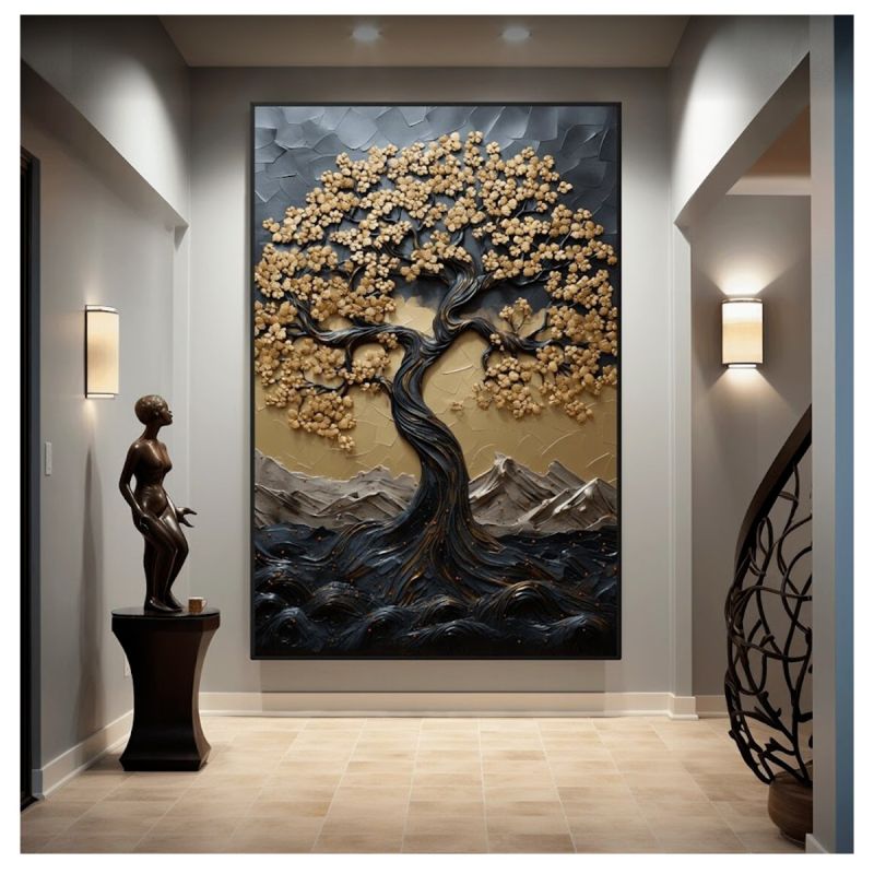 Tableau Décoratif Arbre de Vie Doré 2 – Toile  Effet 3D Prestigieuse – Cadre en Bois