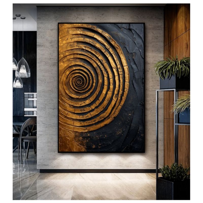 Tableau Décoratif Art Abstrait en Spirale Dorée, toile imprimée effet bois sculpté, prix Cameroun. 
