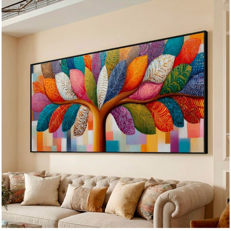 Tableau Décoratif – Feuillage vif – Toile Abstraite Multicolore avec Cadre en bois