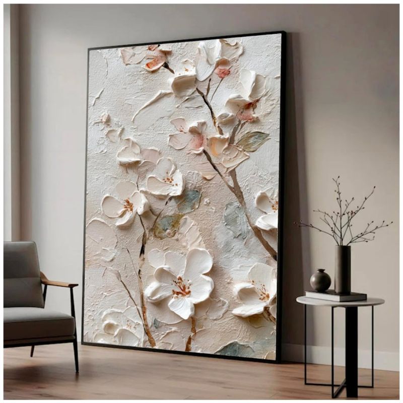 Tableau Décoratif – Fleur blanche – Toile Effet 3D avec Cadre en bois
