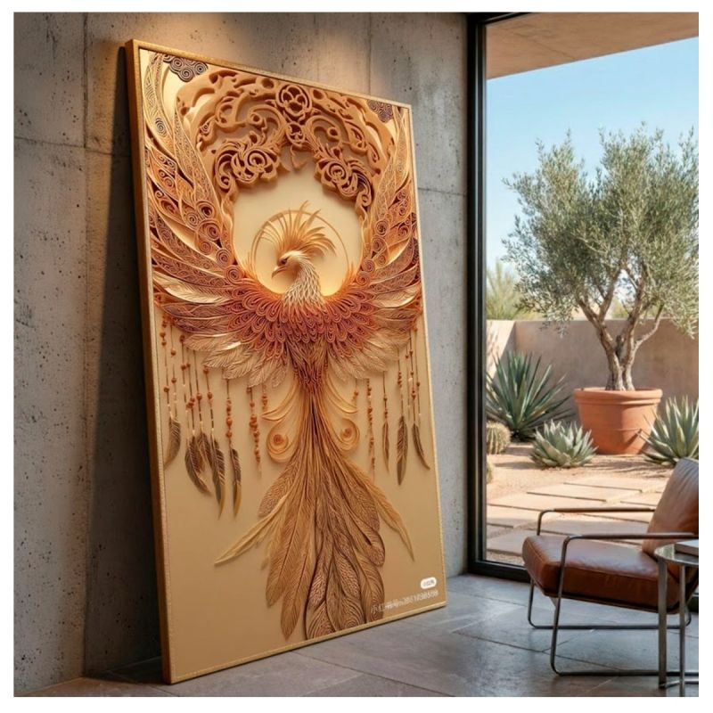 Tableau Décoratif multicolore - Oiseau phénix - Toile Effet 3D avec Cadre en Bois