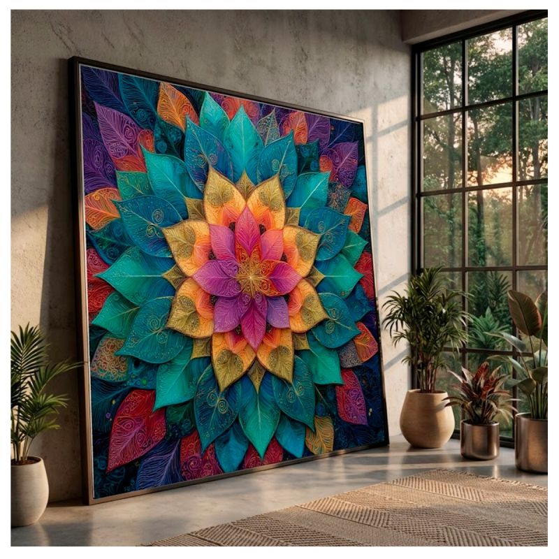 Tableau Décoratif muticolore - Déco bohème - Toile Effet 3D avec Cadre en Bois