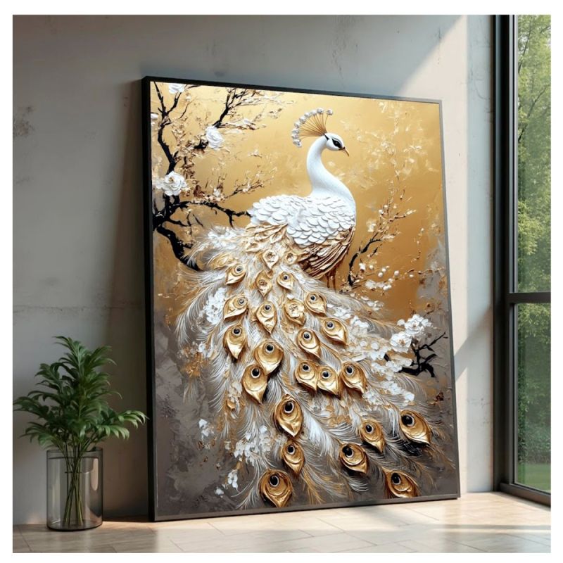 Tableau décoratif – Paon Blanc – Toile imprimée effet 3D – Cadre en bois massif