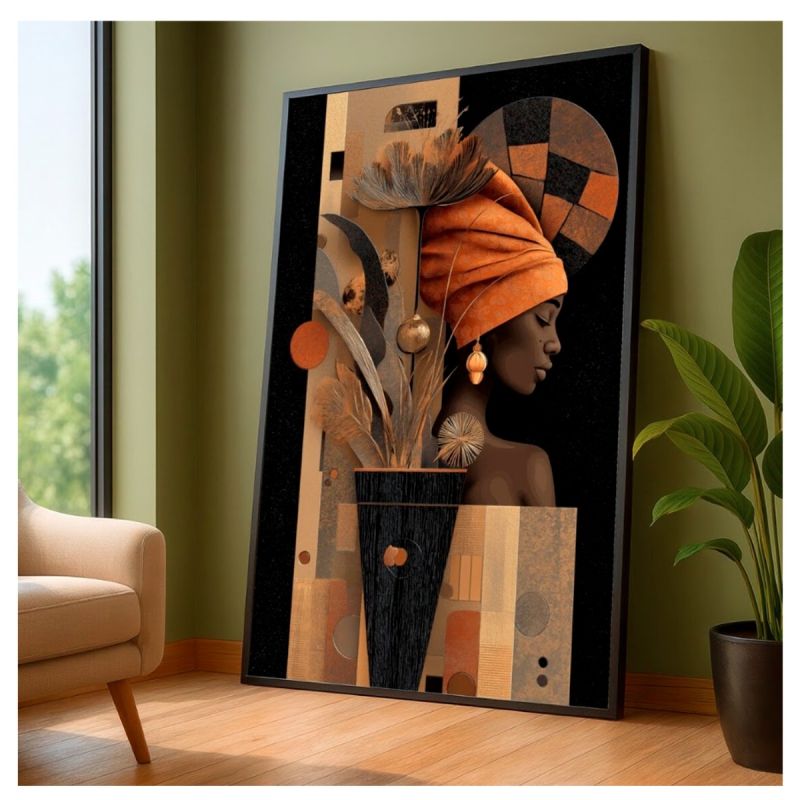 Tableau décoratif – Portrait de Femme Africaine – Toile imprimée effet 3D – Cadre en bois massif