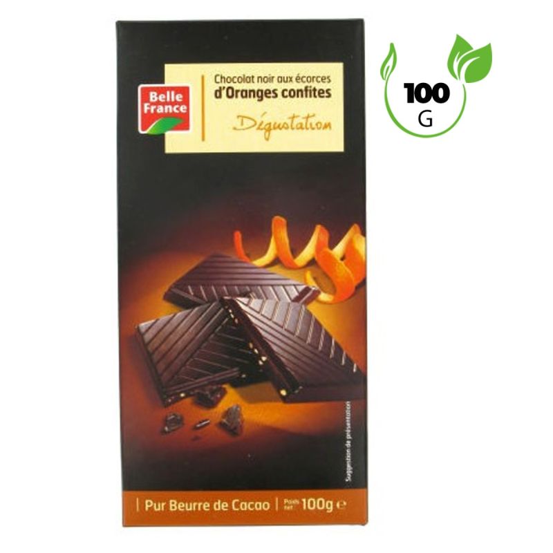 Tablette chocolat noir aux écorces d’orange confites Belle France Dégustation, 100g, prix Cameroun.