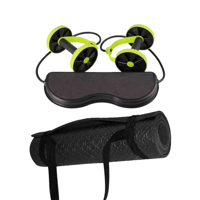 Tapis de sport 152 cm x 59 cm Noir avec sangle de transport pour tapis de yogas + Roue Abdominale - RevoFlex Extreme