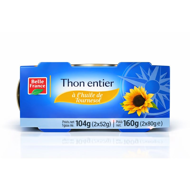Thon entier Belle France à l’huile de tournesol – Lot 2x80g – Saveur authentique et pêche durable MSC