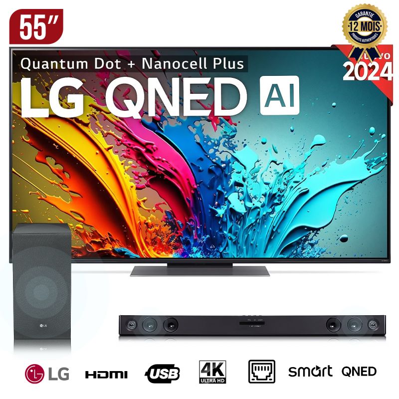 TV SMART 55'' 4K - QNED - QNED86T6A - Processeur α8 4K AI - webOS24 - Model 2024 + Barre de Son LG - SN5 - Bass Boost - USB - 400 W - Garantie 12 mois