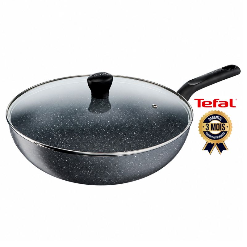 Wok Tefal Natura 28 cm avec couvercle, gris, poignée fixe et solide, prix Cameroun. 