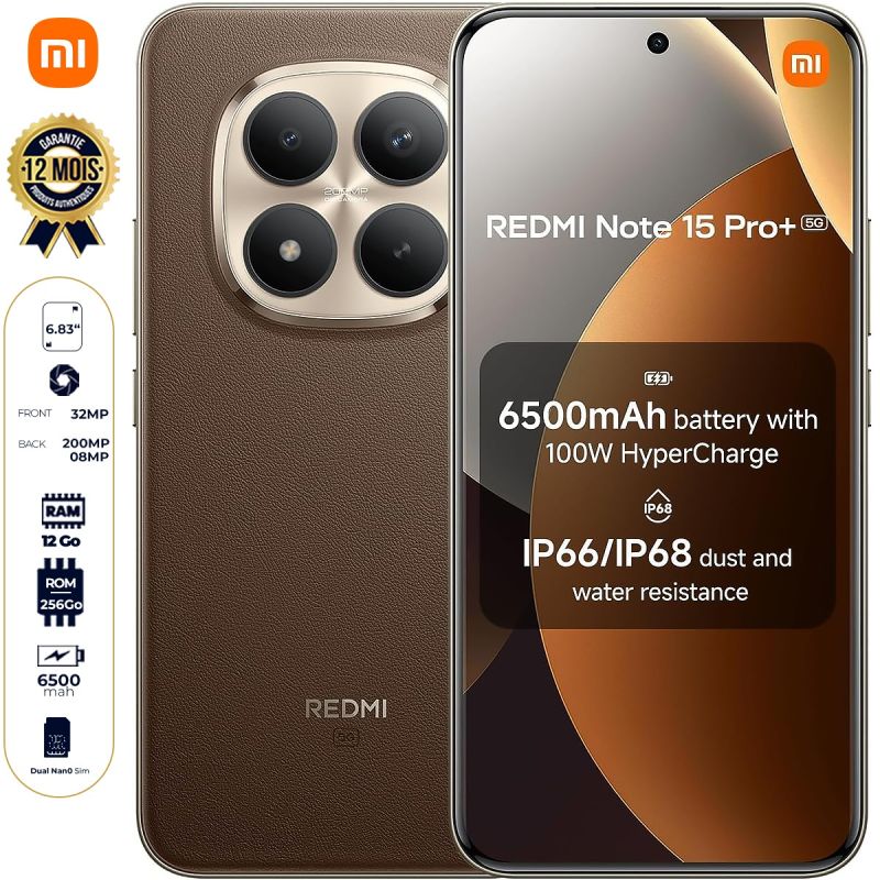 Xiaomi Redmi Note 15 Pro+ 5G - 256 Go - 12 Go RAM - 6,83" - 2 Nano SIM - 200MP + 8MP/ 32MP - 6500mAh - Garantie 12mois