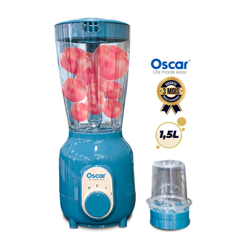 Blendeur - Mixeur OSCAR - OSC-25PP-A - 300-350 watts - 2 Vitesses - Bol plastique 1,5 Litres - Bleu Claire - Garantie 3 mois