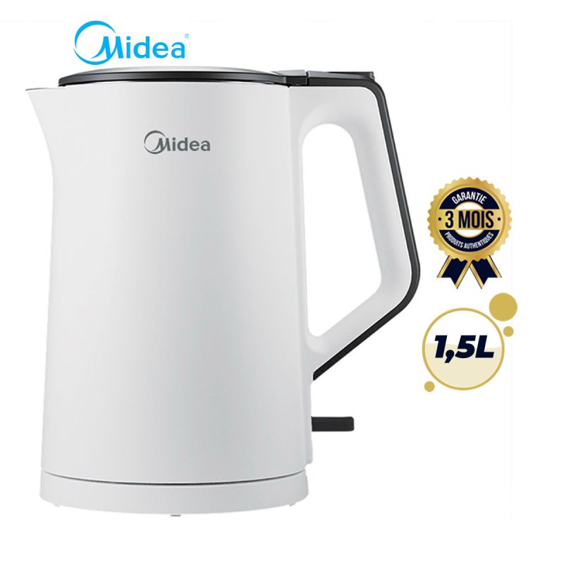 Bouilloire Electrique Midea - 1,5L blanc, protection anti-ébulittion à sec, disponible sur Glotelho.