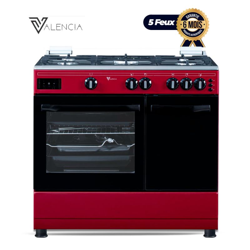 Cuisinière à gaz 5 feux VALENCIA, avec porte-bouteille, couleur rouge, vendue sur Glotelho.
