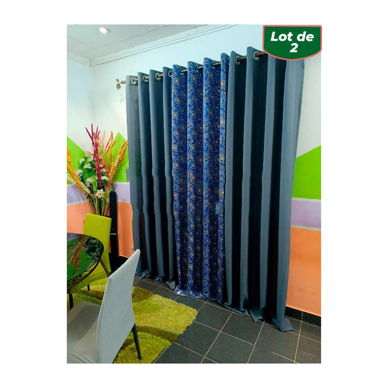 Lot de 2 rideaux occultants africains et voile transparent - Noir multicolore