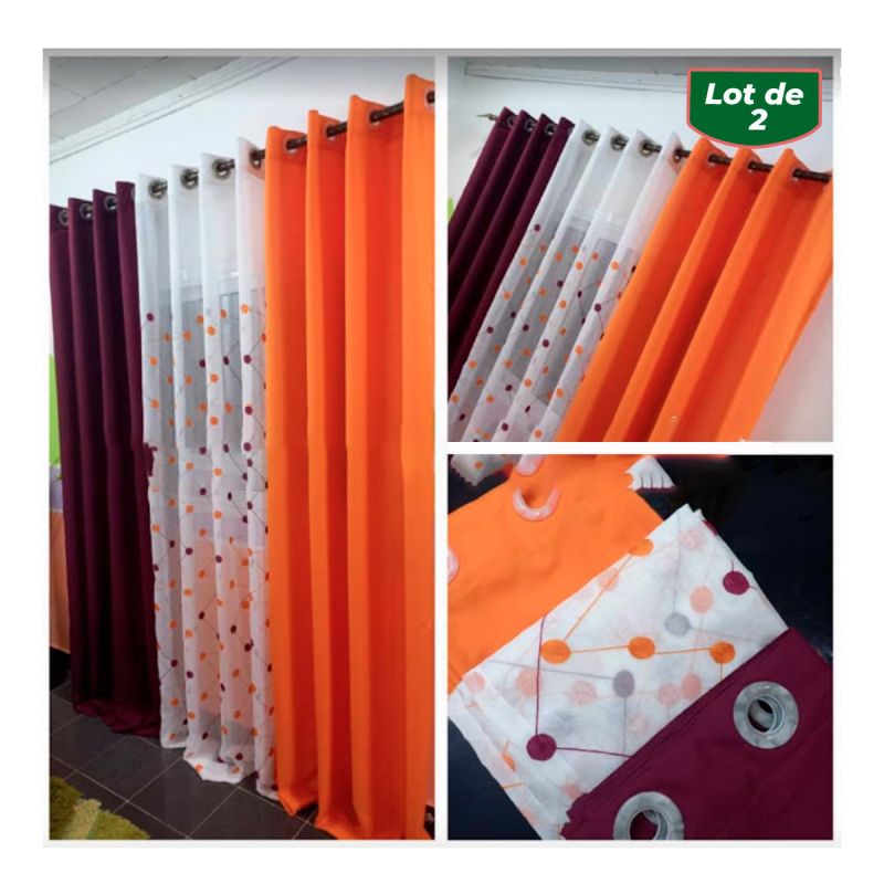 Lot de 2 rideaux occultants (lourds) et voile transparent - Multicolore