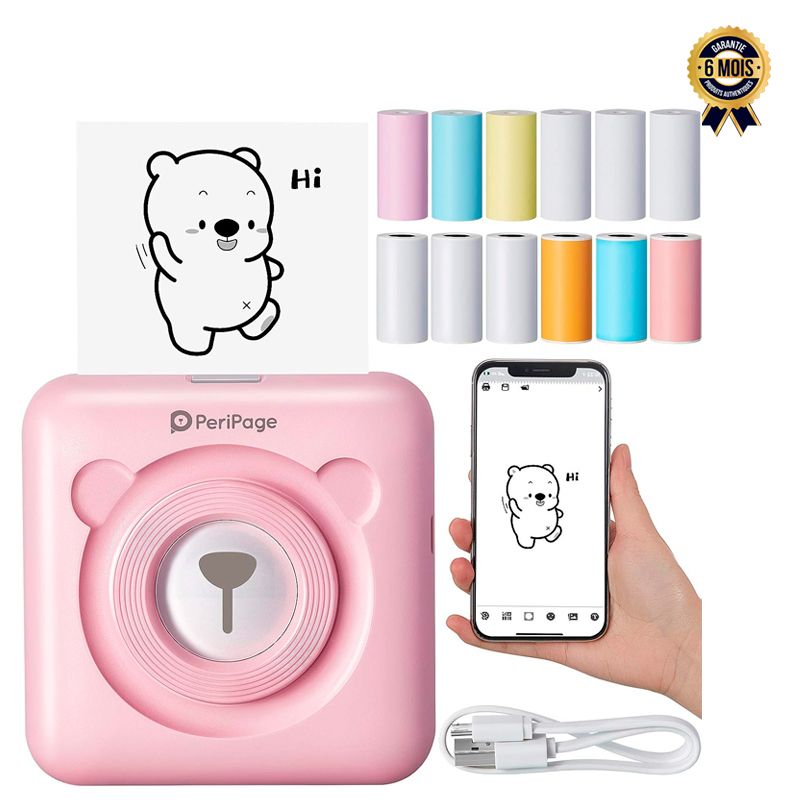 Mini imprimante thermique portable A6 - Peripage - Sans fil - Avec connexion USB Bluetooth - 6 Mois