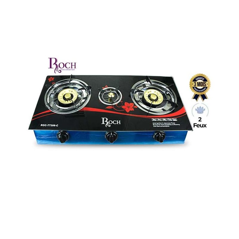 Plaque à Gaz Vitré - 3 feux - Roch - Allumage Automatique - RGCTT306-C - Garantie 03 mois