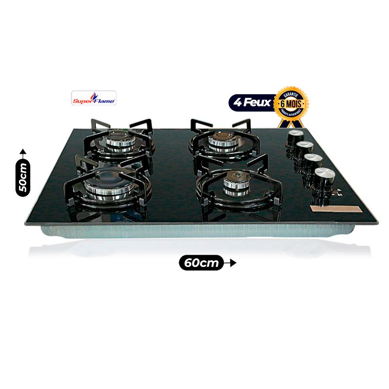 Plaque de cuisson encastrable - SUPERFLAME - 4 feux - SF-604GT- 50x60Cm - Allumage automatique - Noir - Garantie 6 mois