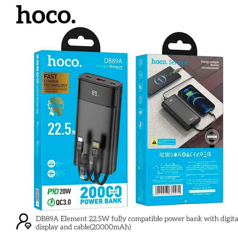 Powerbank HOCO DB89A - 20000mAh - Cables intégrés - 22,5 watts - Affichage du niveau de Batterie - 03 ports - Garantie 3 mois