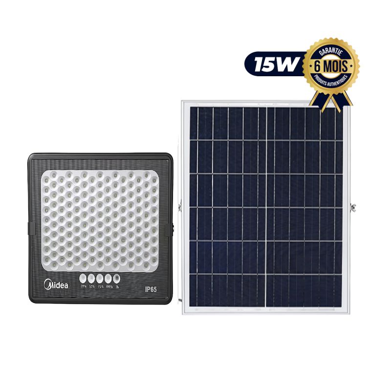 Projecteur solaire LED Prix en fcfa - Midea 15W - Avec panneau solaire 15W - Batterie 15Ah LI - 6 Mois| Glotelho Cameroun