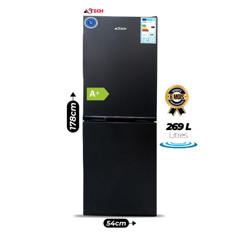 Réfrigérateur combiné ASTECH 269 Litres - FC-304VD - 4 tiroirs - Classe énergétique A+ - Inox foncé - prix Cameroun
