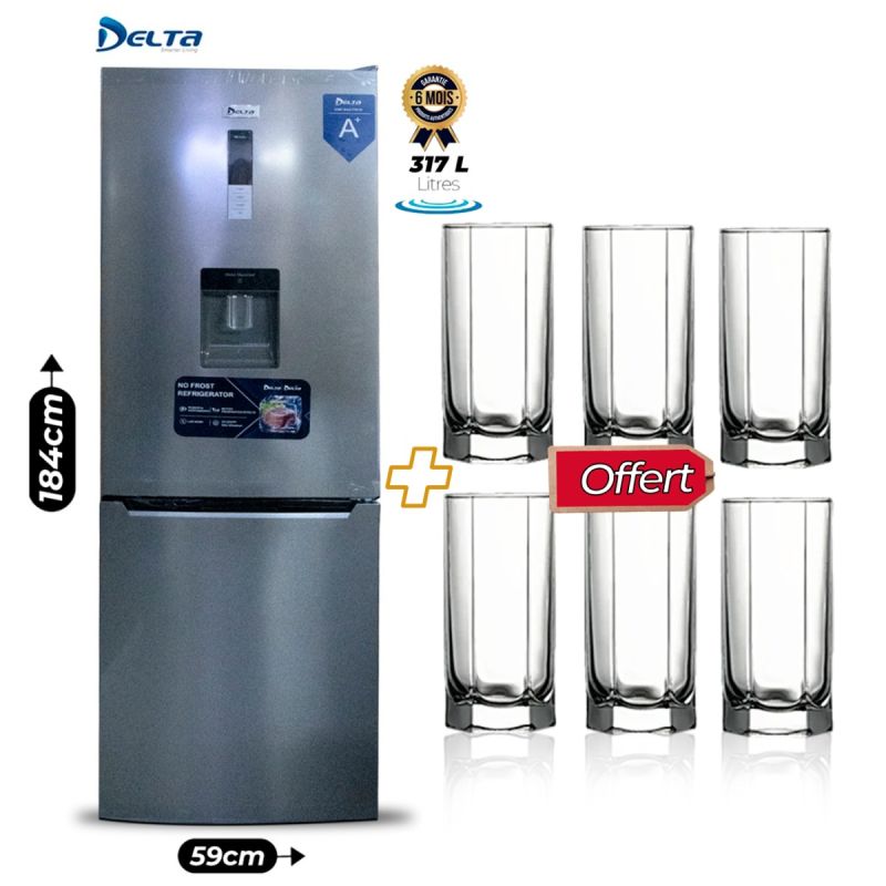 Pack – Réfrigérateur Combiné DELTA 317L (DRF-340-TM-M) – A+ – Distributeur d’Eau & Écran LED – Gris Inox – Garantie 6 Mois + Lot de  Verre Tango Offert