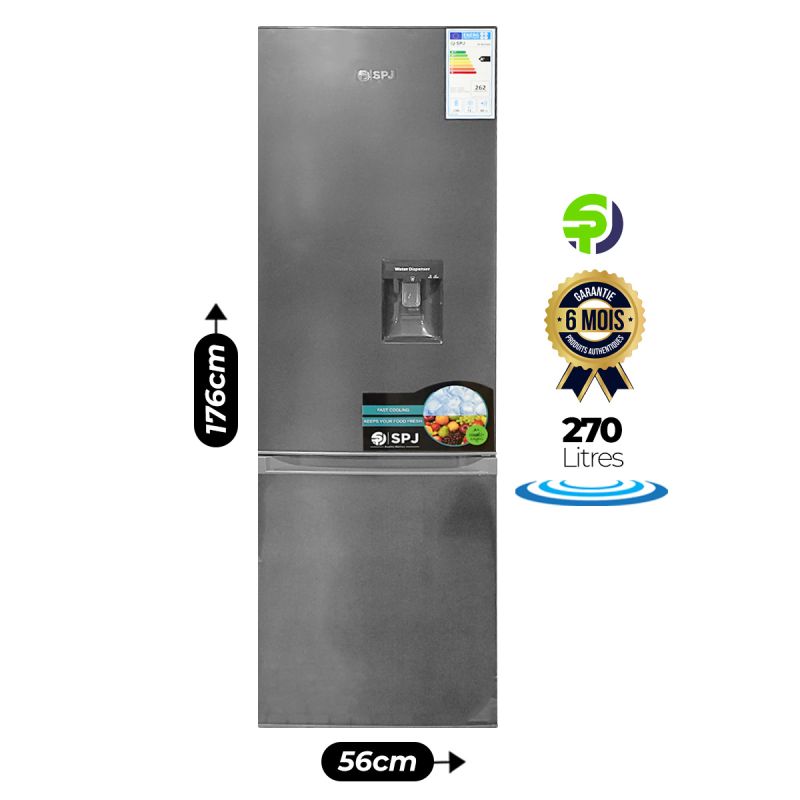 Réfrigérateur combiné -SPJ - RF-BIU369C - Avec distributeur d'eau - No frost - 270L - Noir - 06 Mois  |Glotelho Cameroun