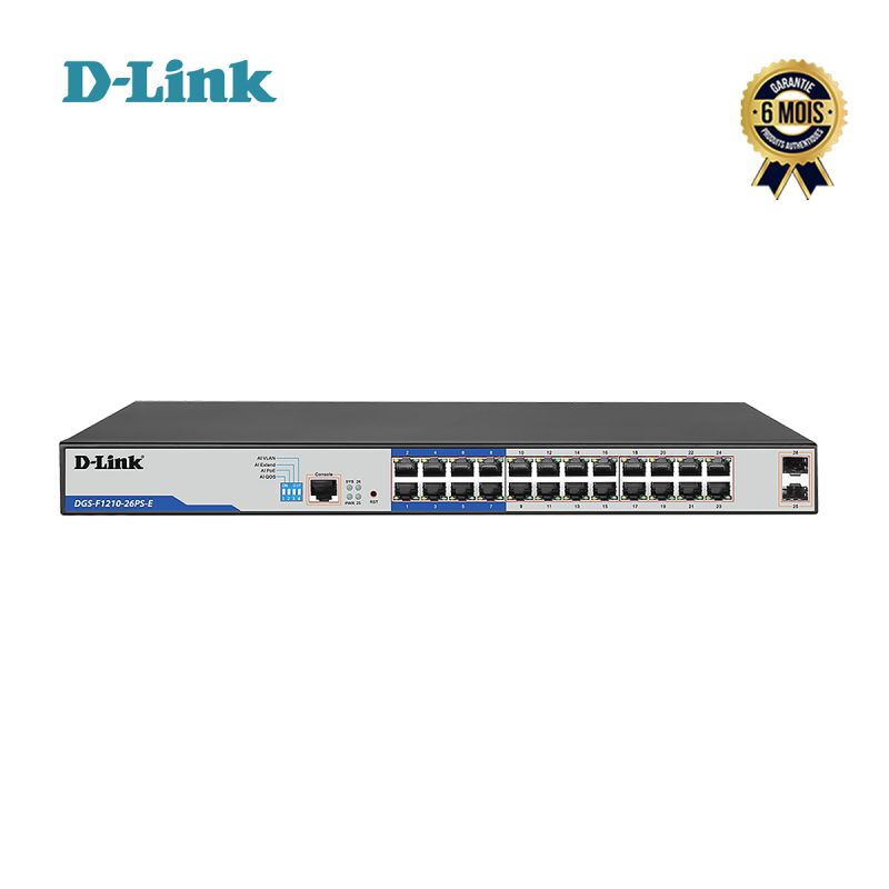 Switch PoE+ intelligent géré Gigabit Prix en fcfa - 26 ports - D-link DGS-F1210-26PS-E - 24 ports PoE+ et 2 ports SFP - 6 Mois| Glotelho Cameroun