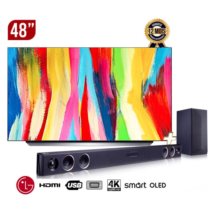 TV SMART LG - 4K OLED Smart TV - OLED48C26LA - 48 pouces - Séries C2, a9 Gen5 4K Processor  + Barre de son LG -SQC2 - 2.1 canaux - 300 W - Avec caisson de basses 